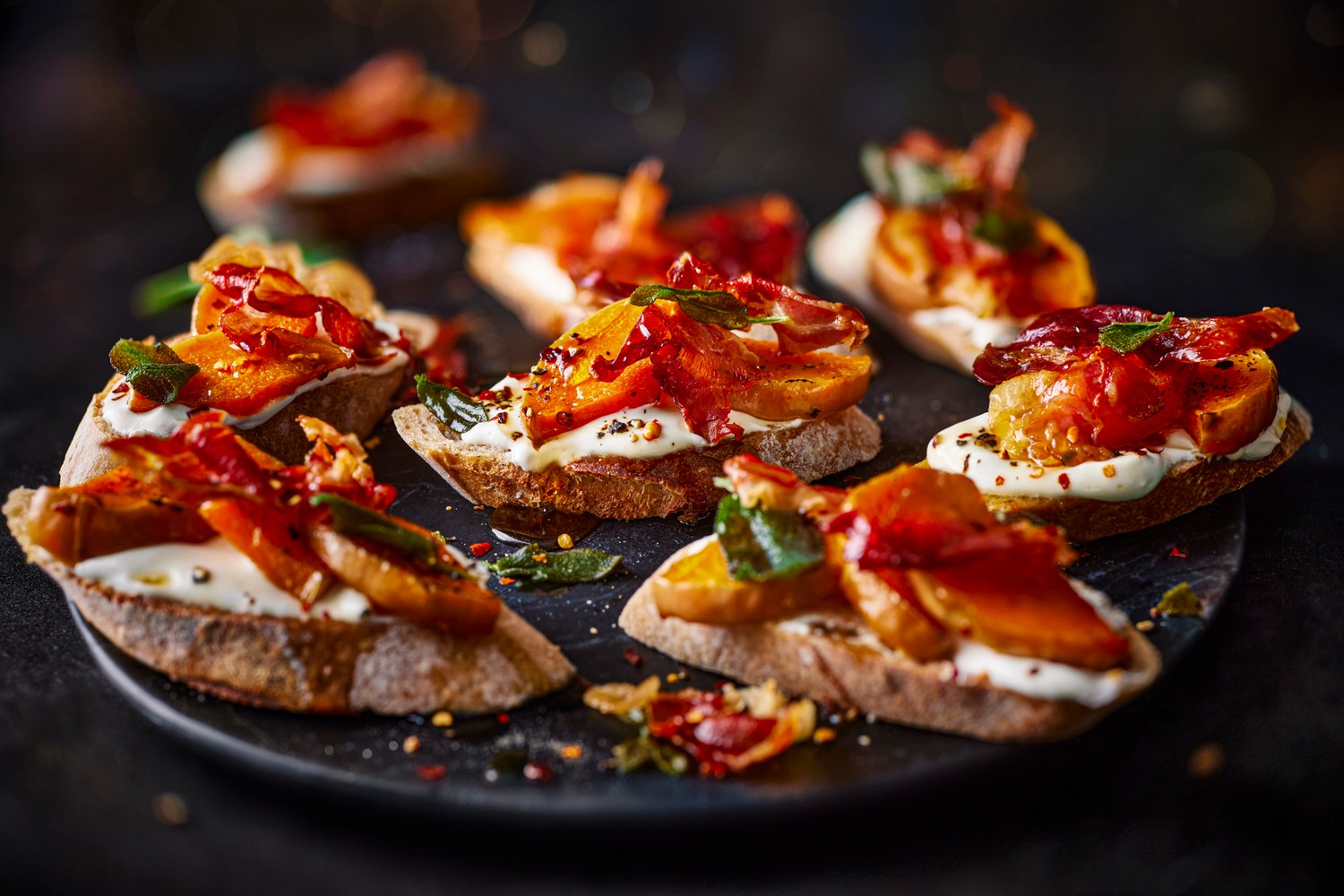 Hot maple, chilli squash, serrano ham and whipped cottage cheese crostini