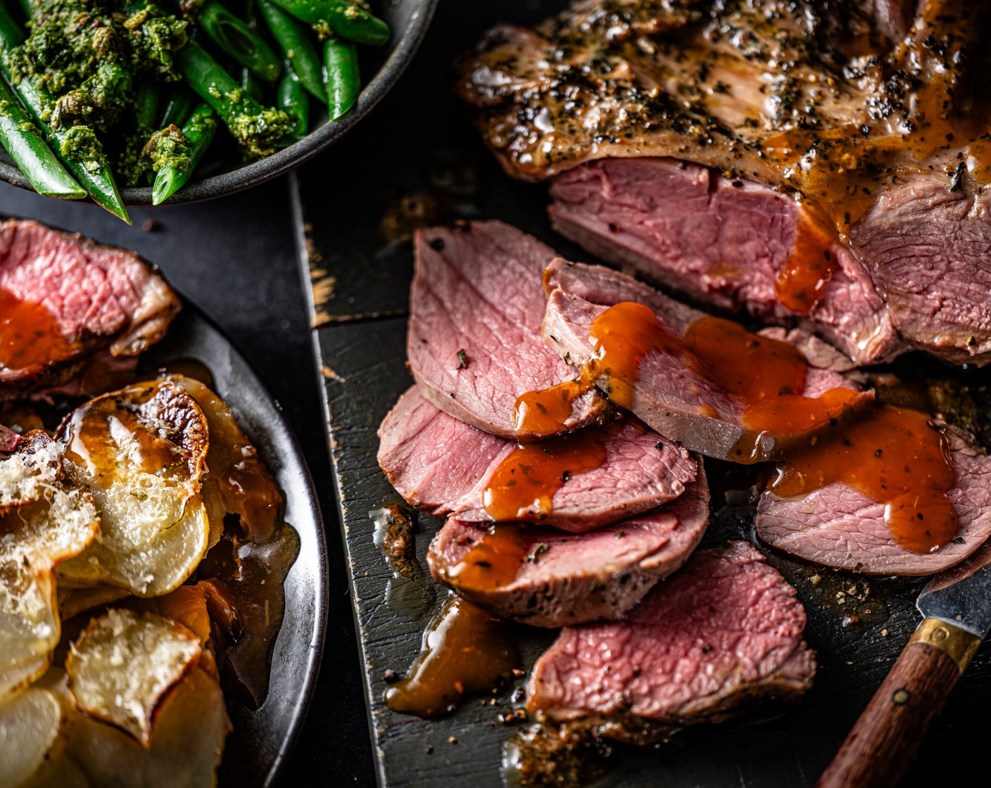 step 6 Carve the lamb and serve alongside the potatoes and green beans with the sauce poured on top.