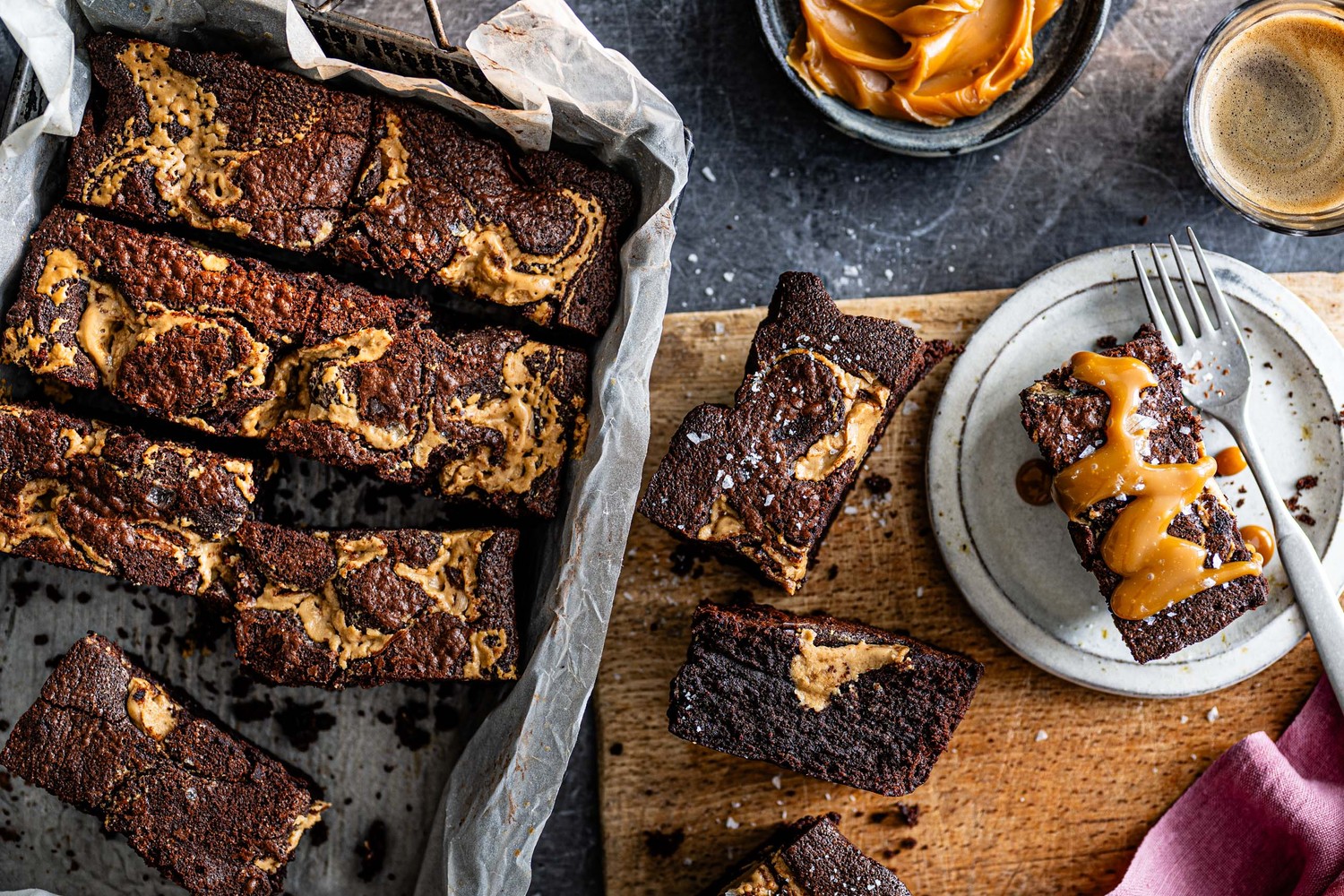 Tahini and sea salt brownies with salted caramel sauce