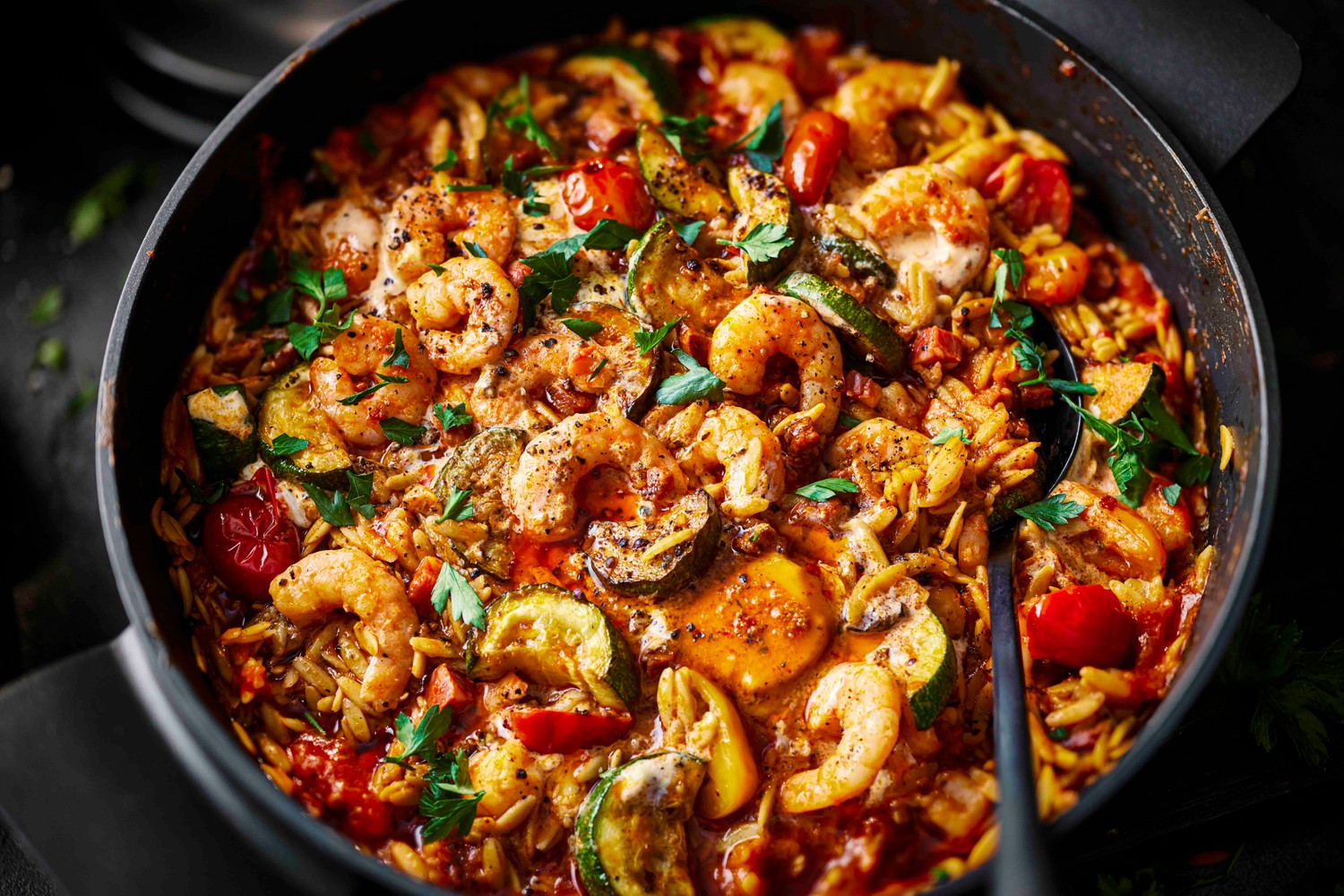 One-pan garlic prawn and chorizo orzo recipe