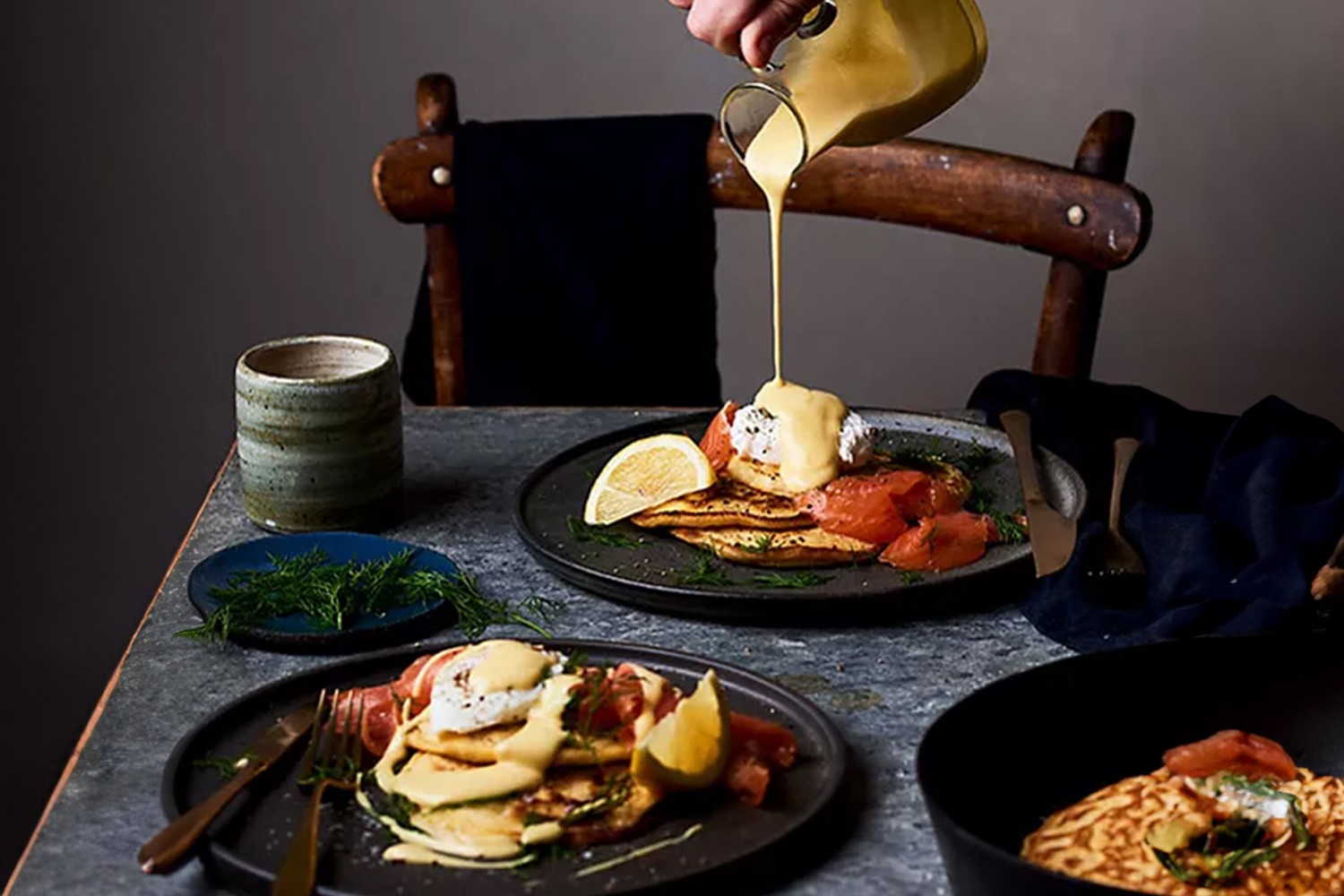 Eggs royale fluffy pancakes