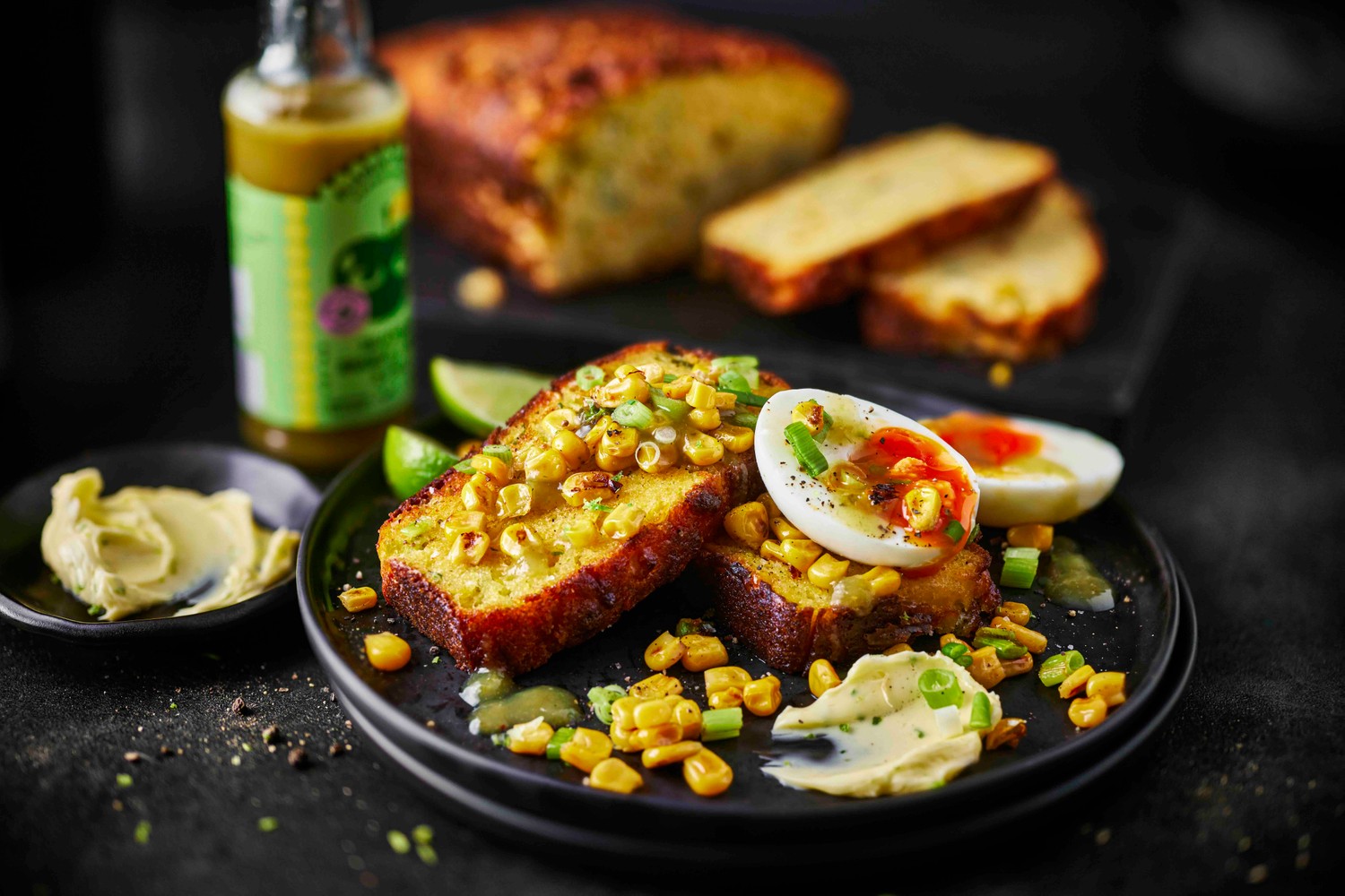 Cheesy spring onion cornbread with eggs and charred corn
