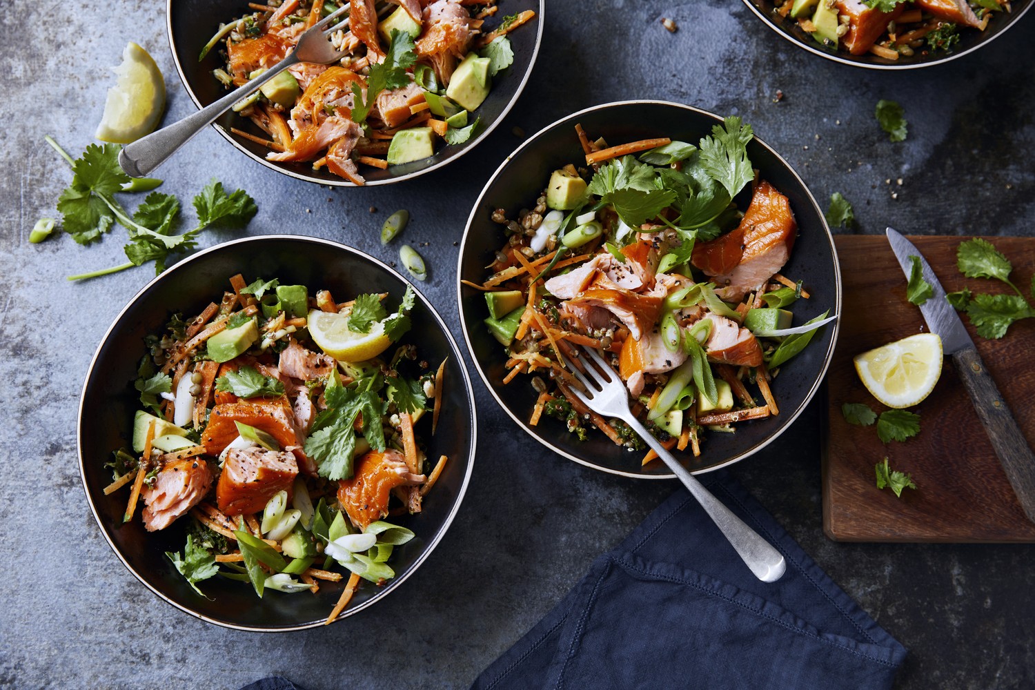 Hot smoked trout and grains bowl
