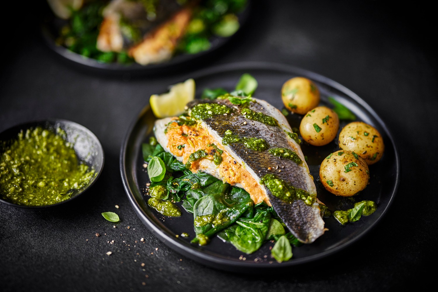 Steamed crab pate sea bass, minted potatoes and basil pesto recipe
