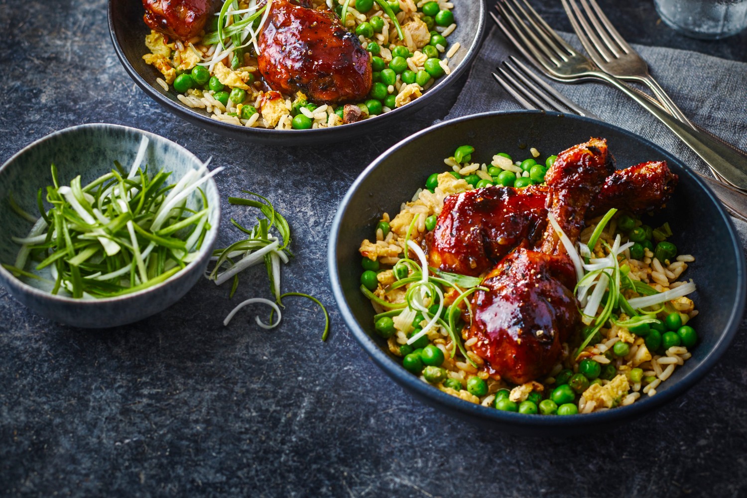 Teriyaki chicken drumsticks with egg-fried rice