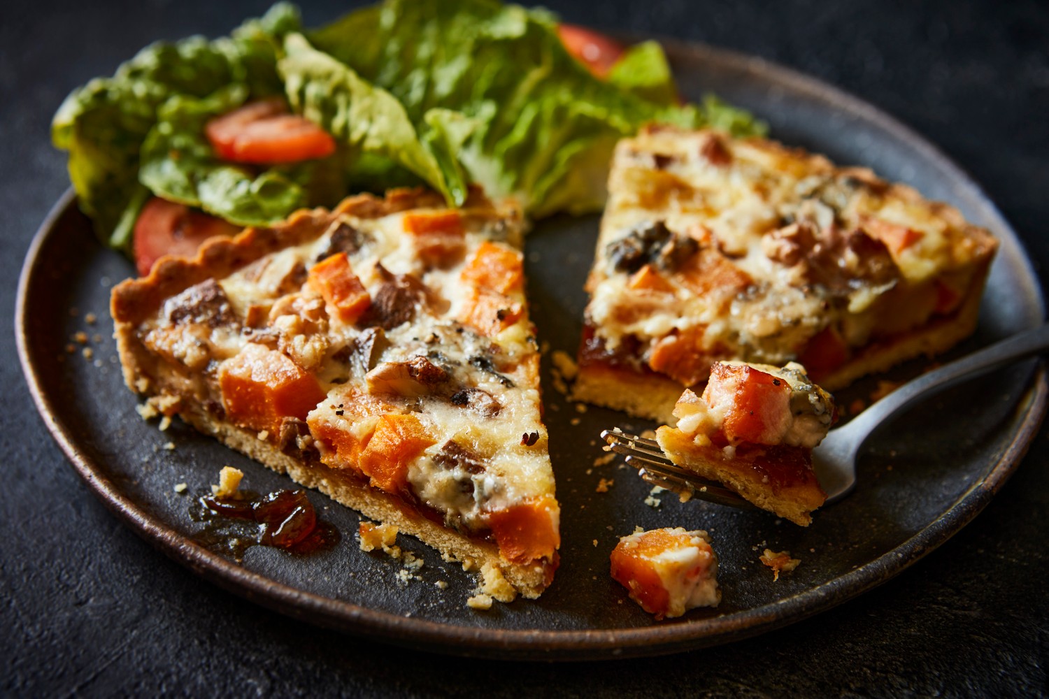 Roasted sweet potato, caramelised onion, blue cheese and walnut quiche recipe