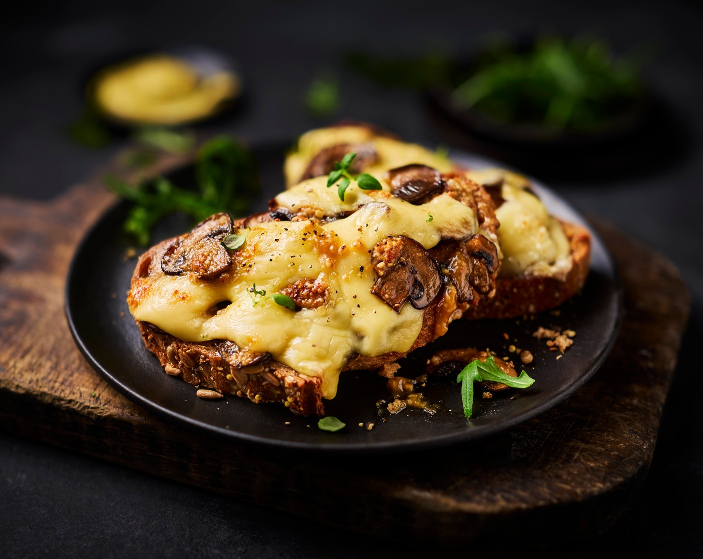 step 4 Grill for 3-4, minutes until the cheese is lightly melted, but you can still see the little holes on top. Scatter with thyme leaves (5 g) and season with a pinch of salt and pepper.  Serve with a dollop of Dijon mustard (1 tbsp), if you like.