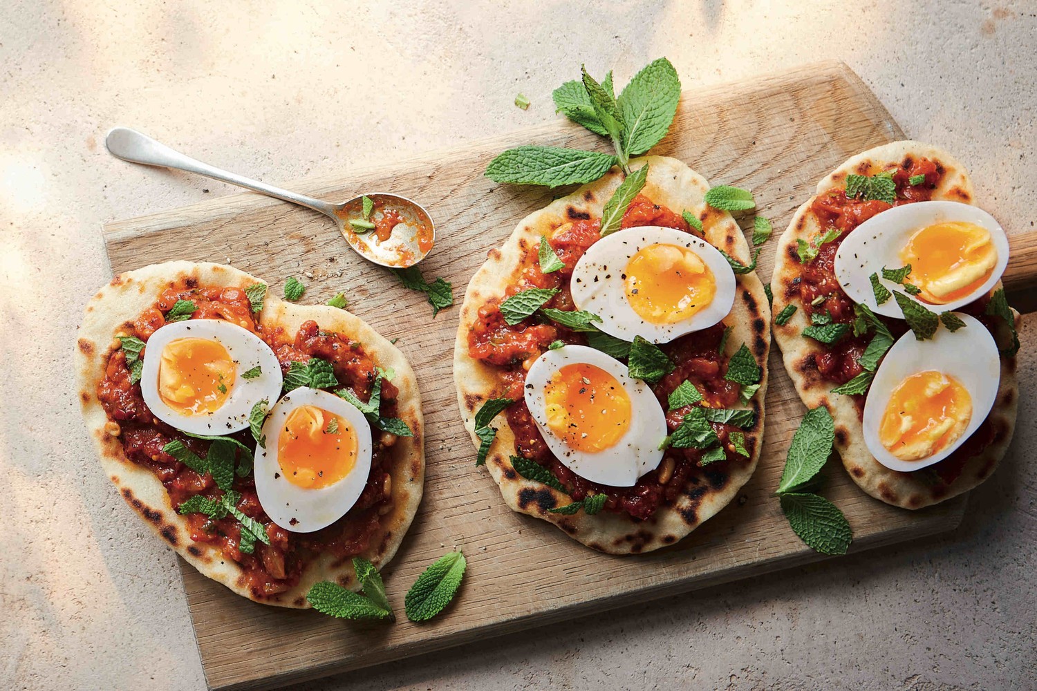 Quick homemade flatbreads, aubergine dip and jammy eggs