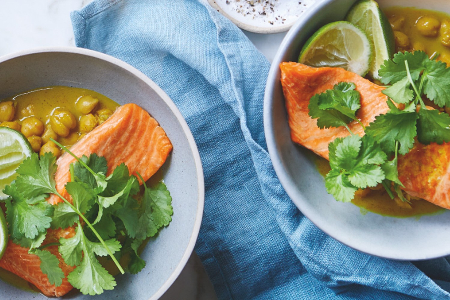 Curried salmon with korma chickpeas recipe
