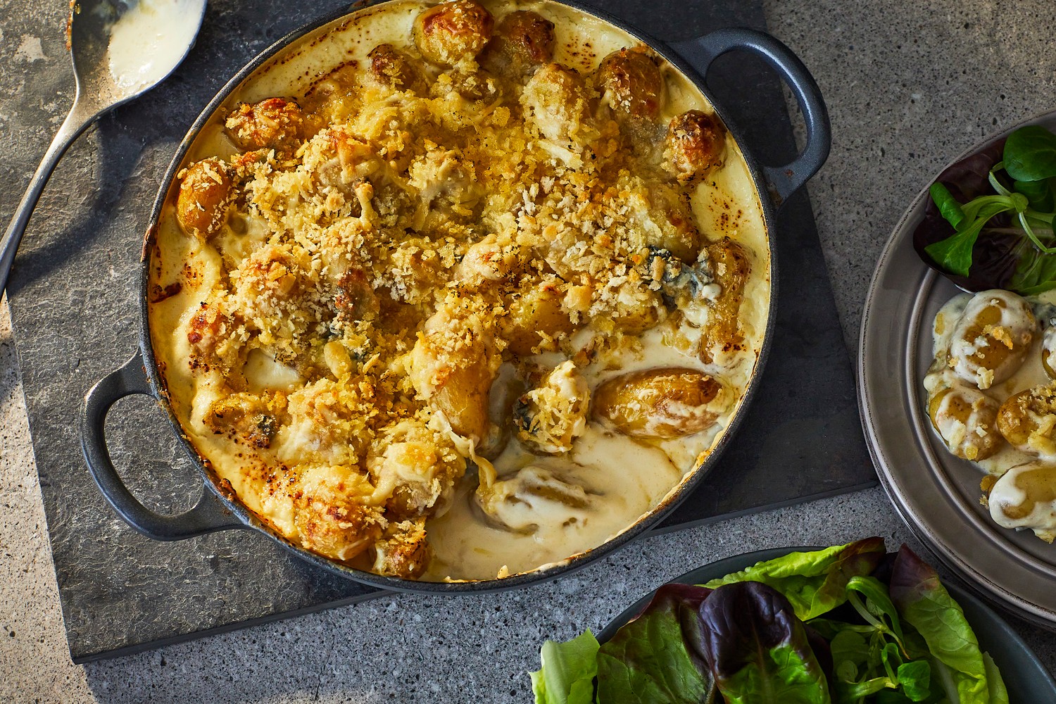 Extra cheesy Jersey Royal traybake