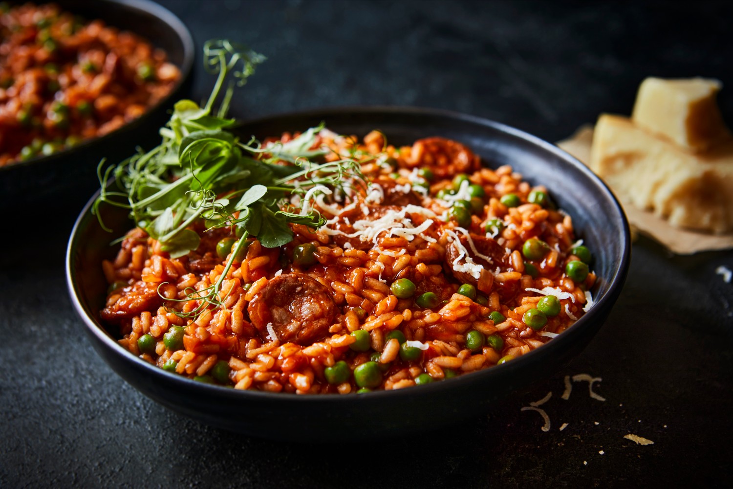 Tomato, pea, and chorizo risotto recipe