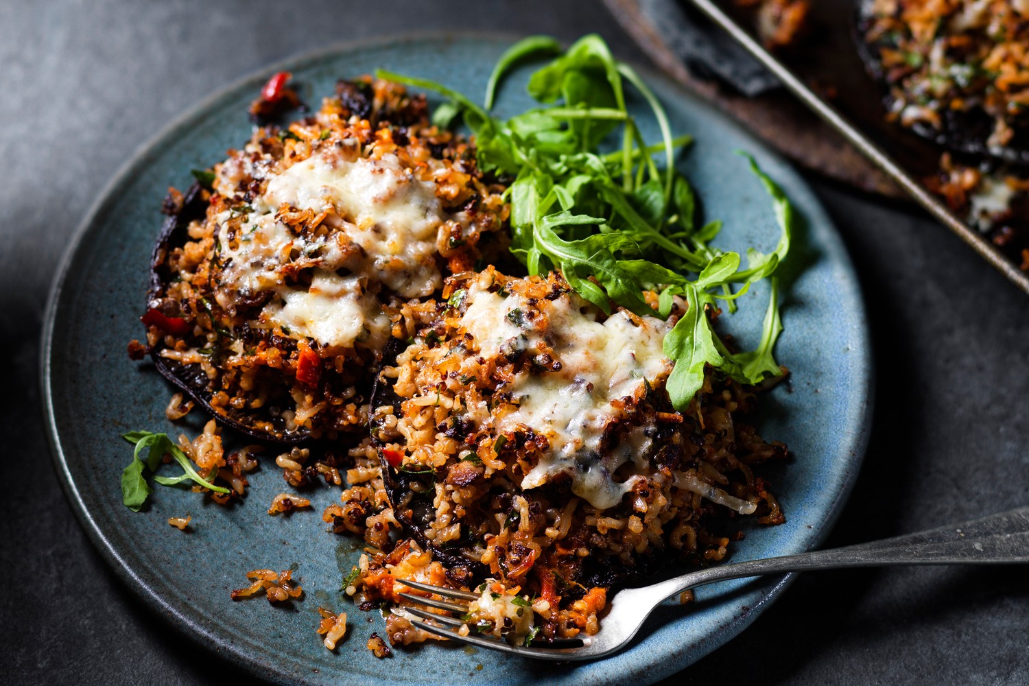 Calabrian pesto and gruyère-stuffed mushrooms