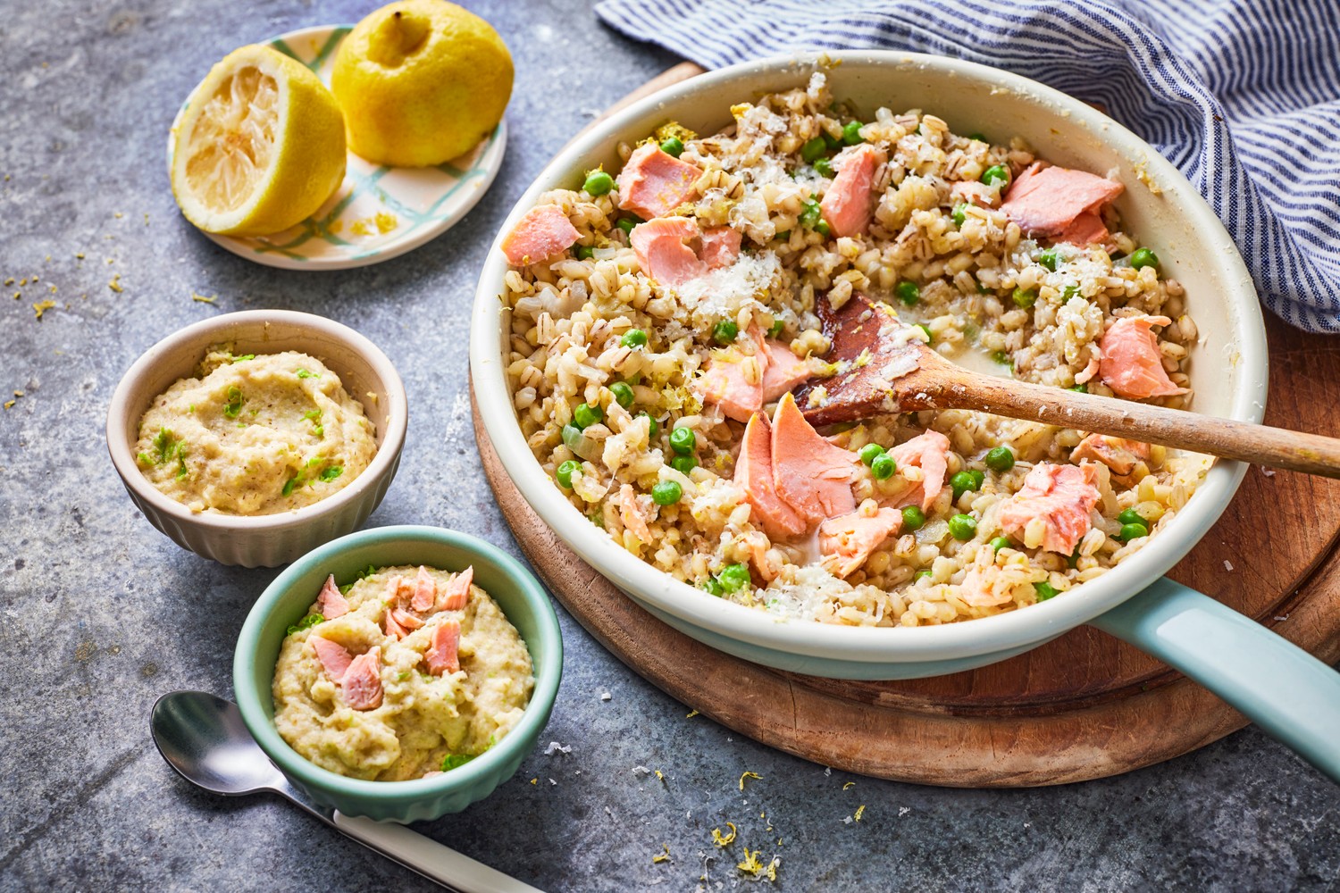 Pearl barley and pea risotto with salmon
