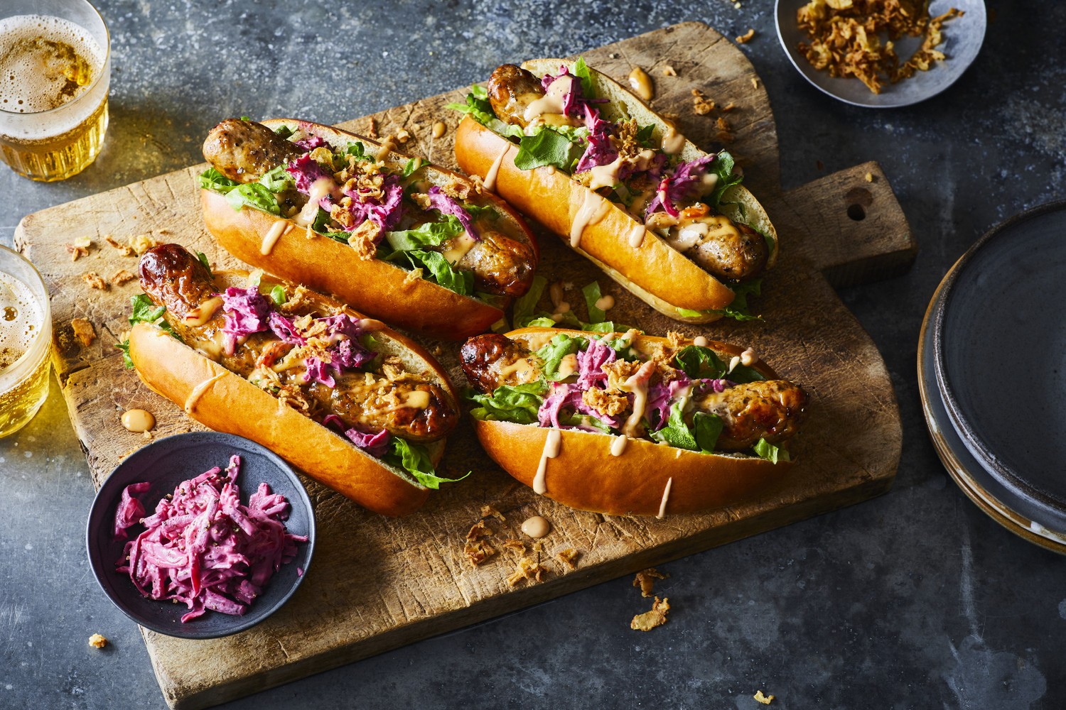 Loaded hotdogs with pork, fennel and chilli sausages