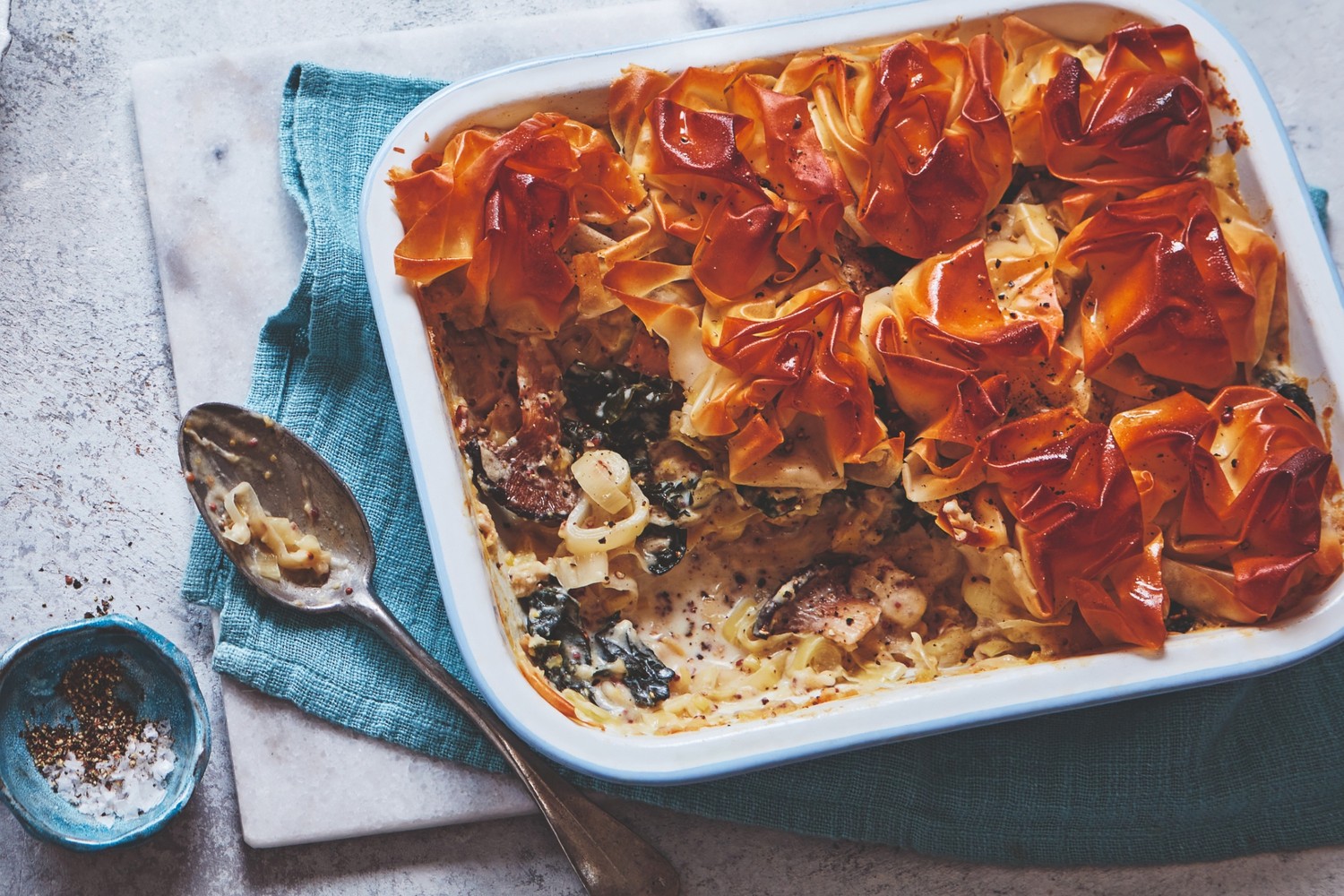 Creamy leek and mushroom filo pie
