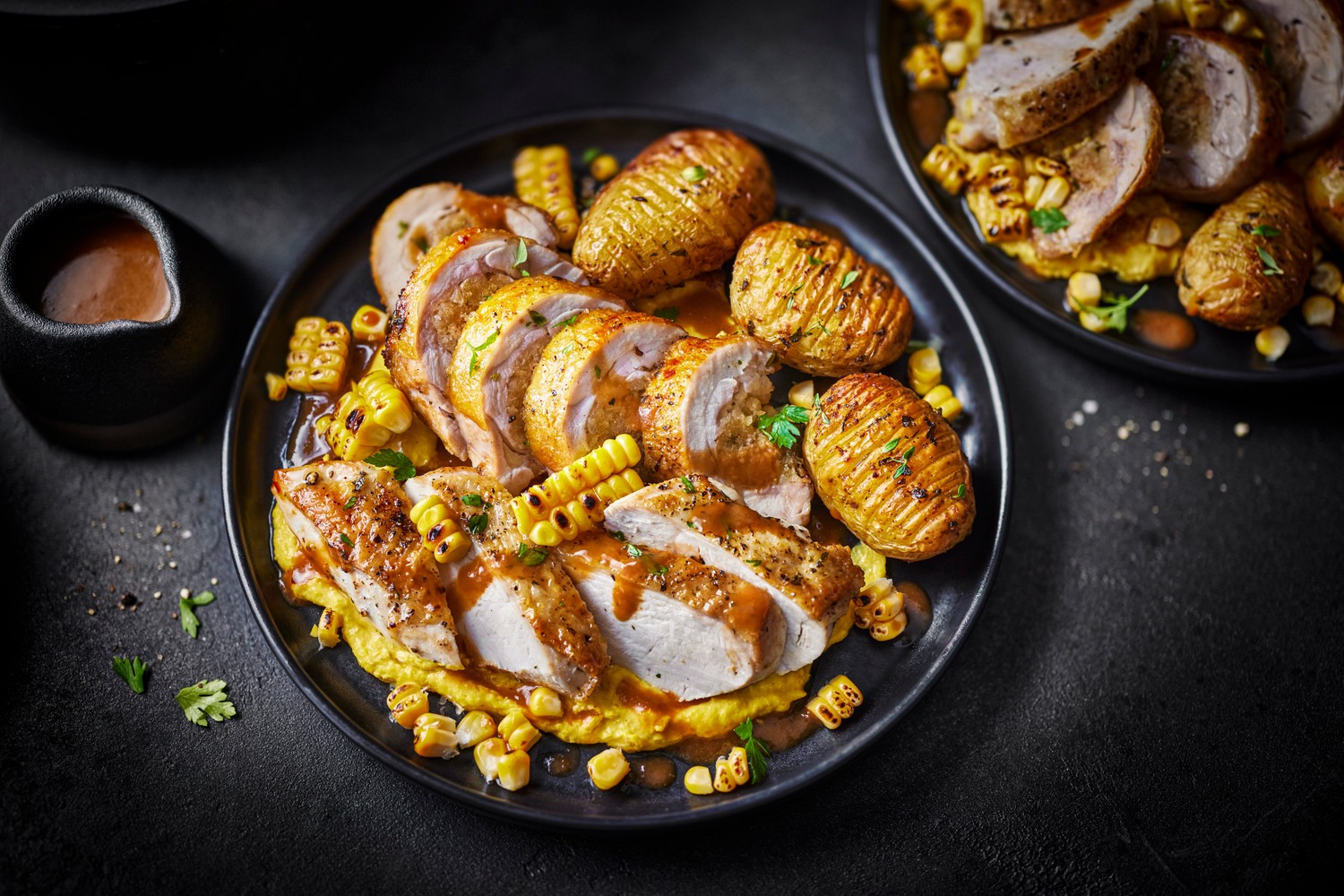 Roast chicken, sage-stuffed ballotine, sweetcorn purée and madeira sauce