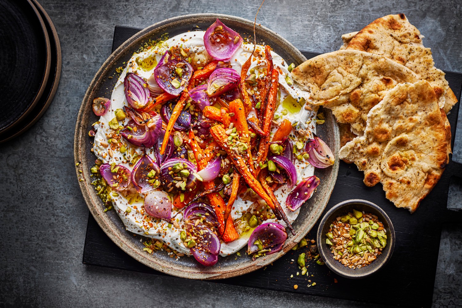 Roasted carrots with garlic tahini yogurt and pistachio dukkah