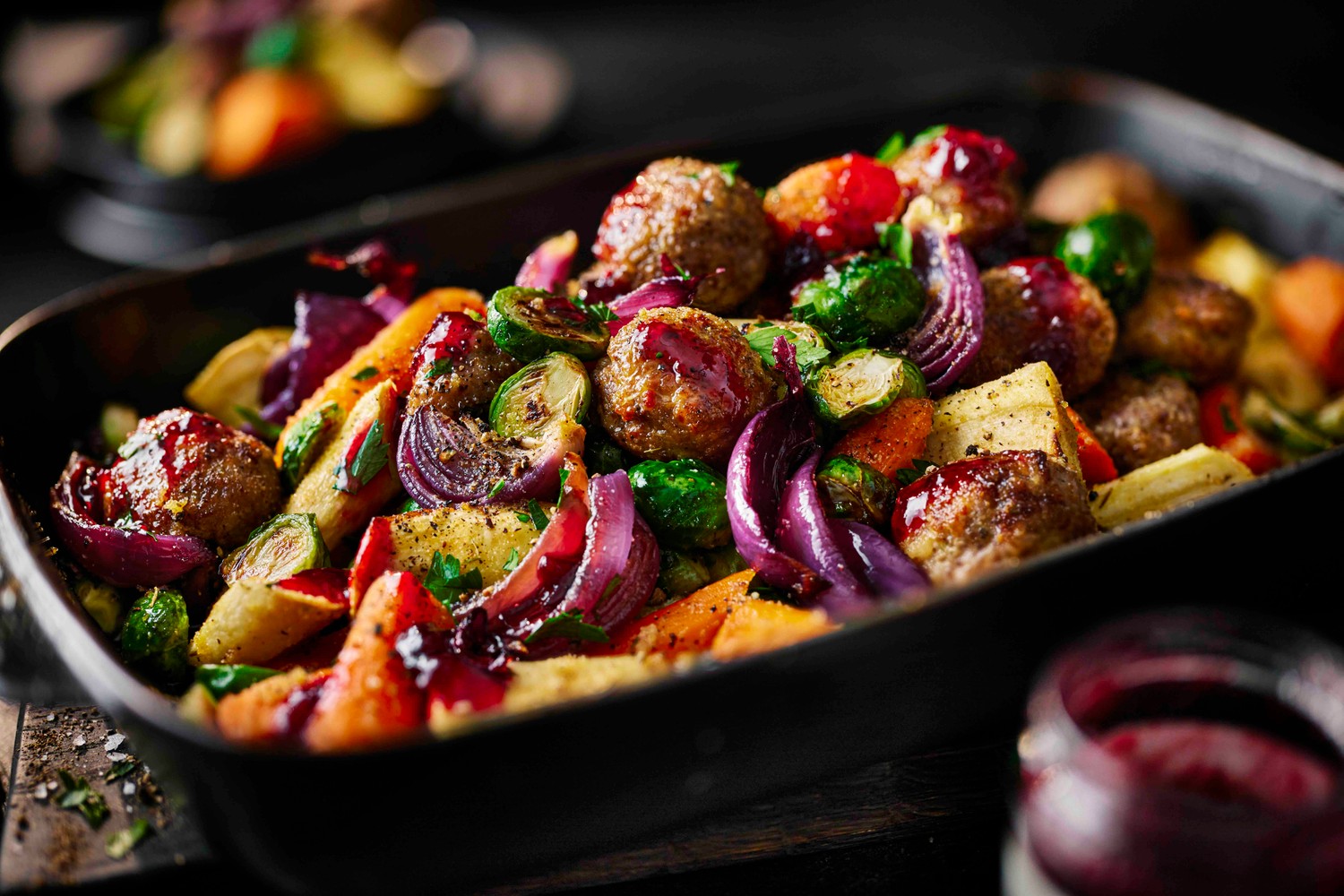 Turkey meatballs with hot honey roasted roots recipe