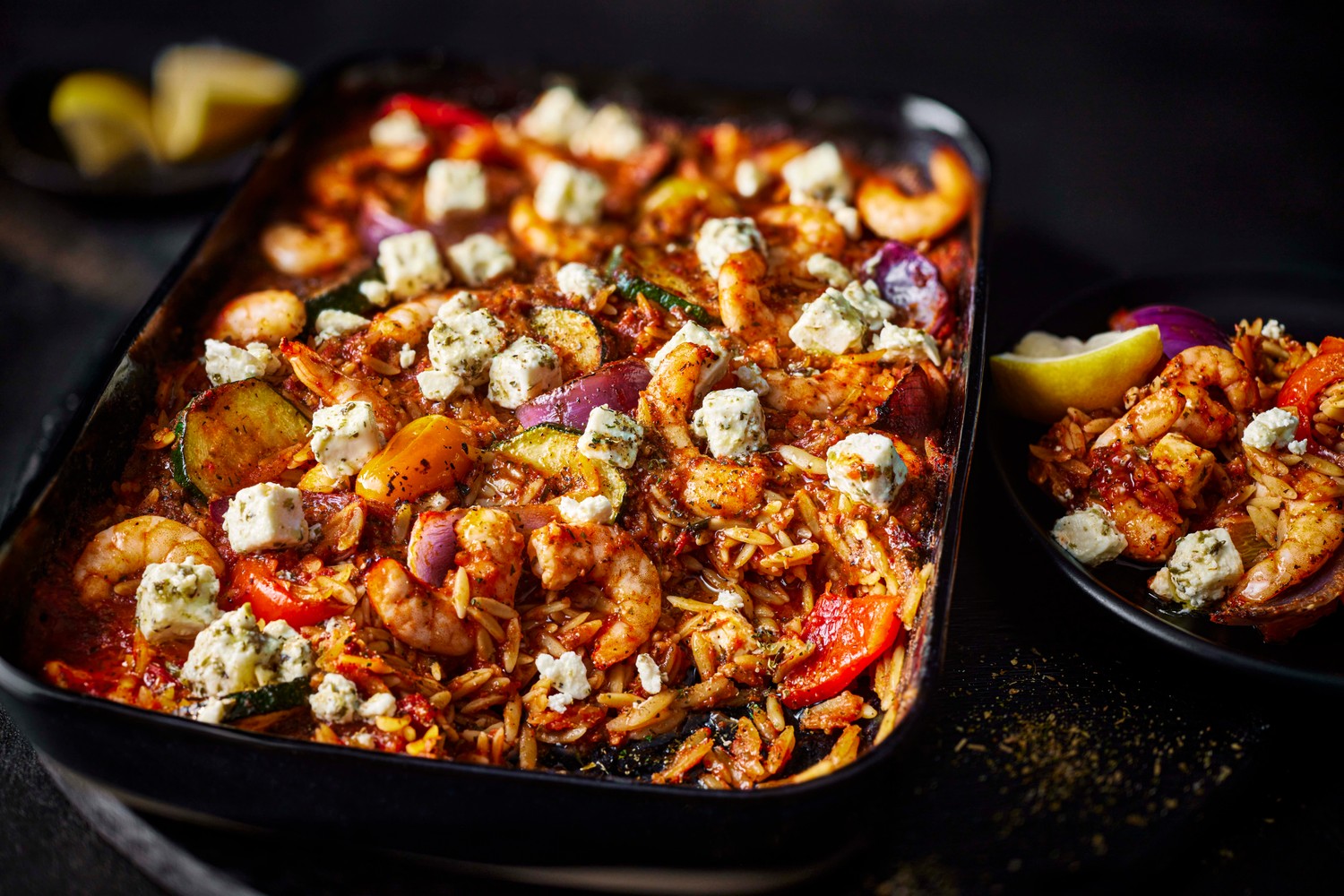 Prawn, feta and tomato orzo traybake