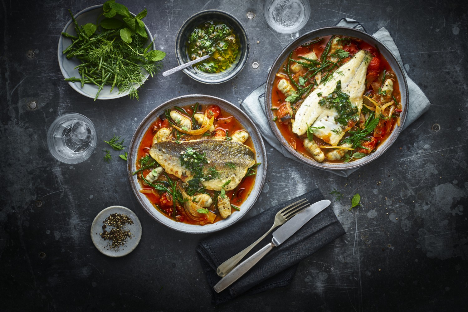 Sea bass with tomato, olive and herb broth, gnocchi and salsa verde