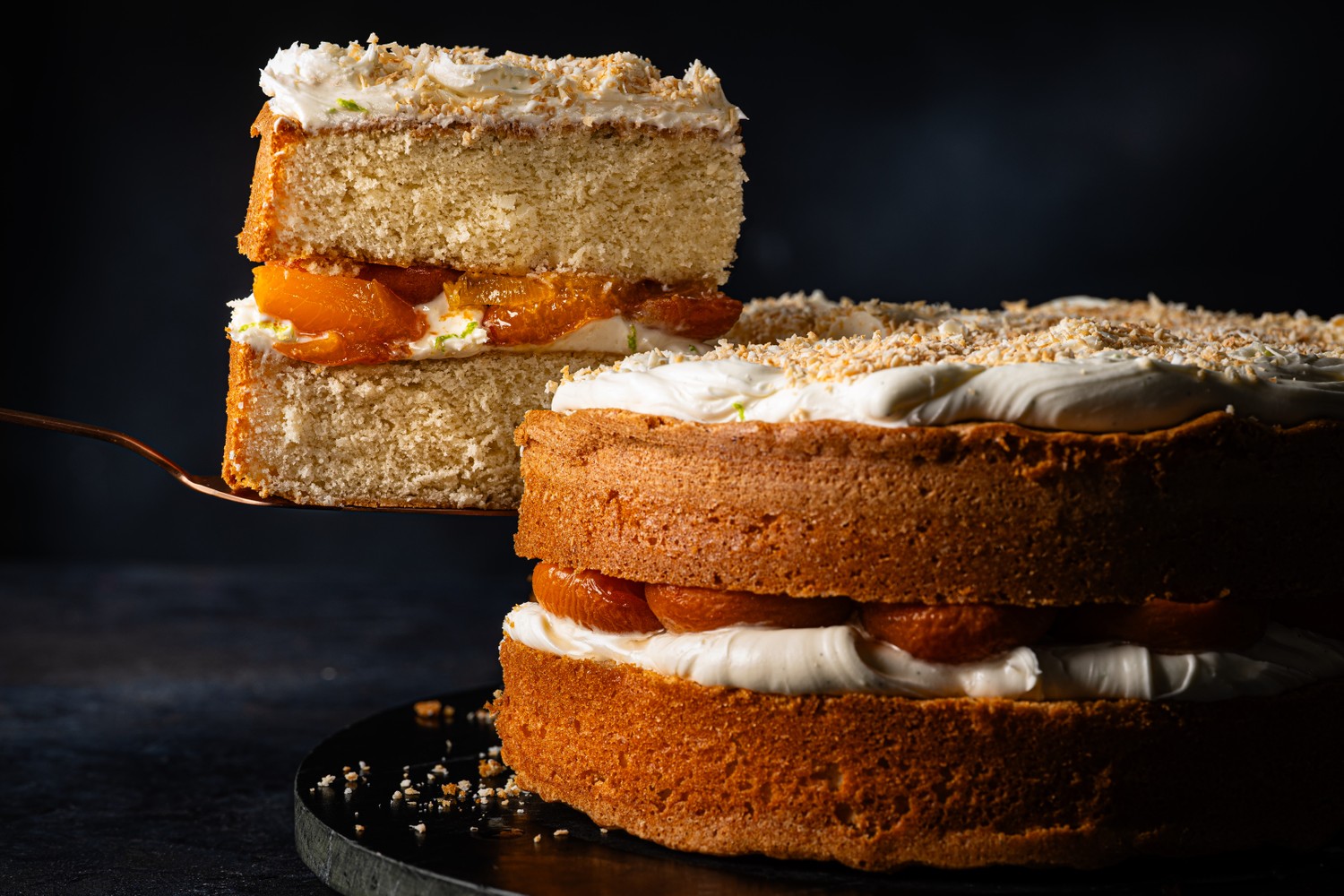 Roasted apricot and coconut Victoria sponge cake
