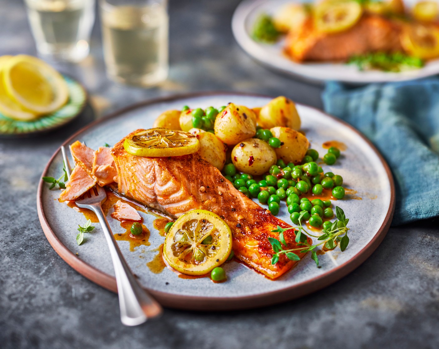 step 3 Serve the salmon with the potatoes and peas.