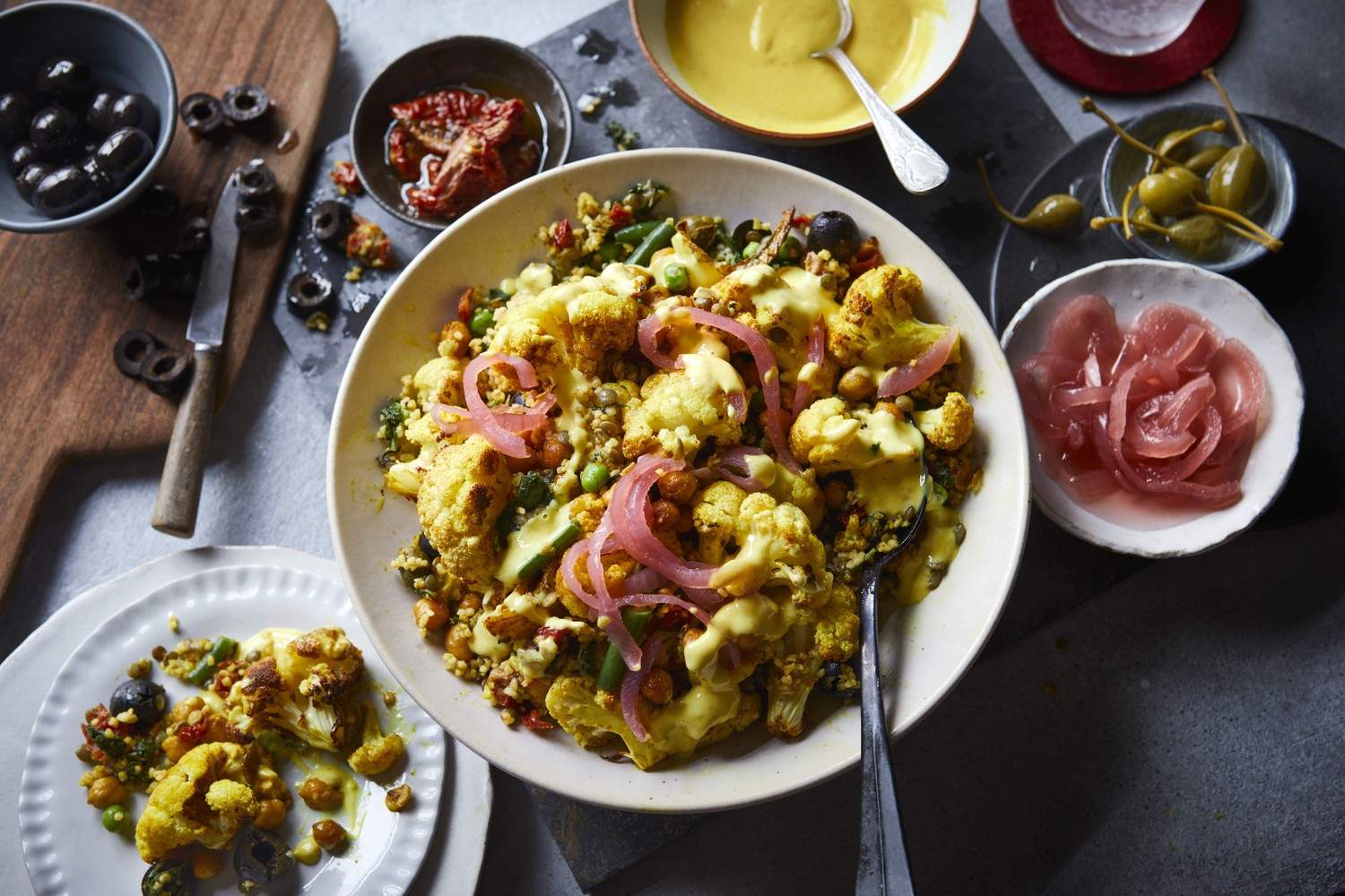 Coronation cauliflower, chickpea and grain salad