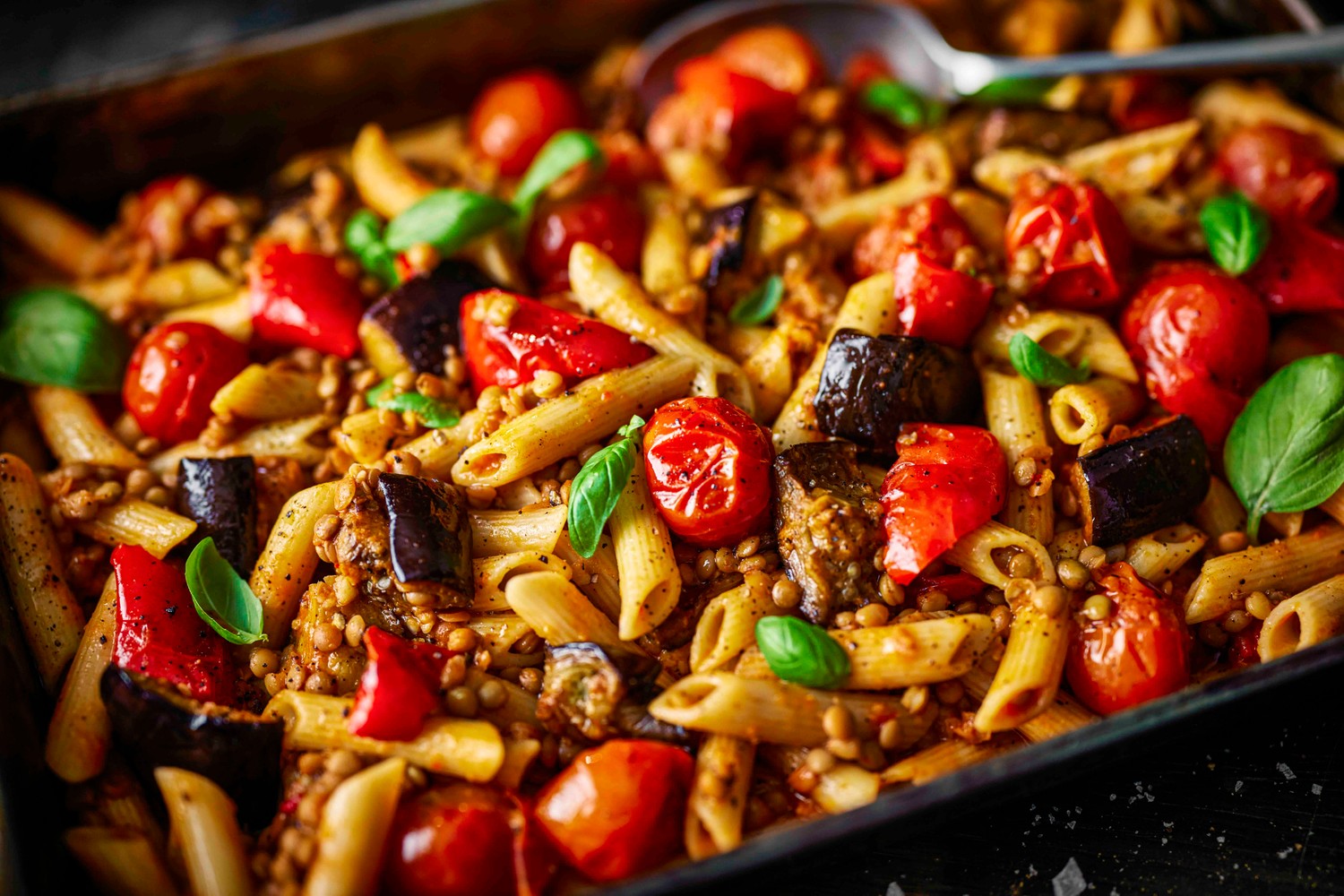 Roasted vegetable and lentil pasta recipe