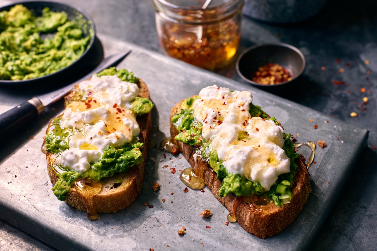Hot honey cottage cheese toasts