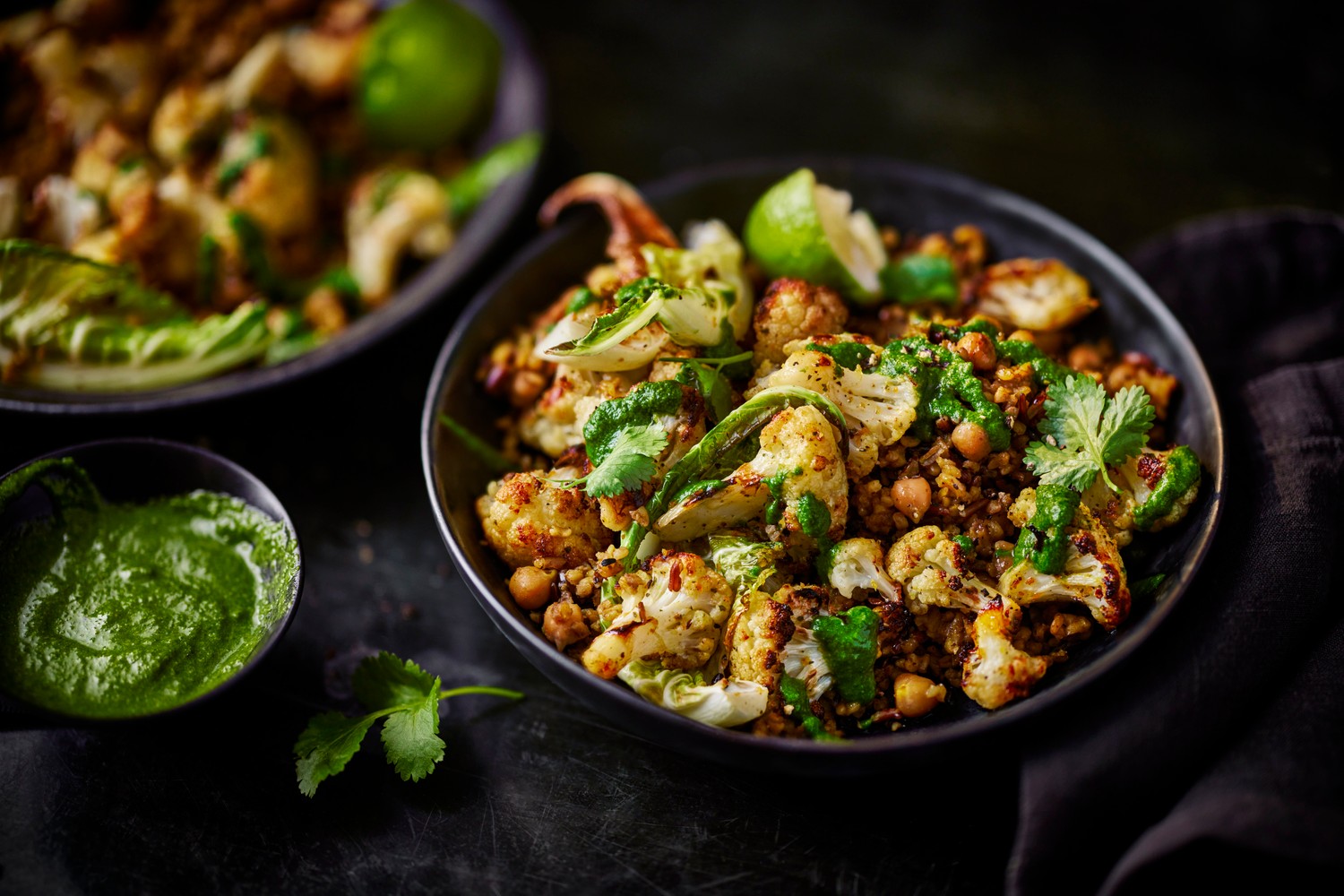 Roasted cauliflower, lime and coconut rice and lentil bowls
