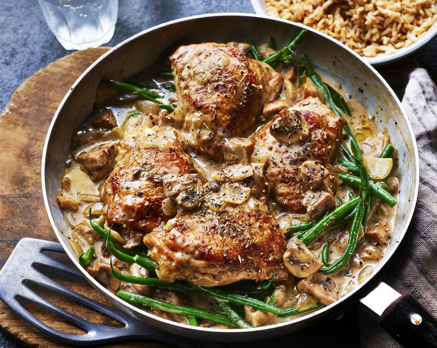 step 4 Add the chicken back to the pan skin side up and simmer for 5 minutes, until everything is cooked through. Heat the rice (2 pouches) according to the pack instructions, divide between serving dishes and serve topped with the chicken and vegetables.