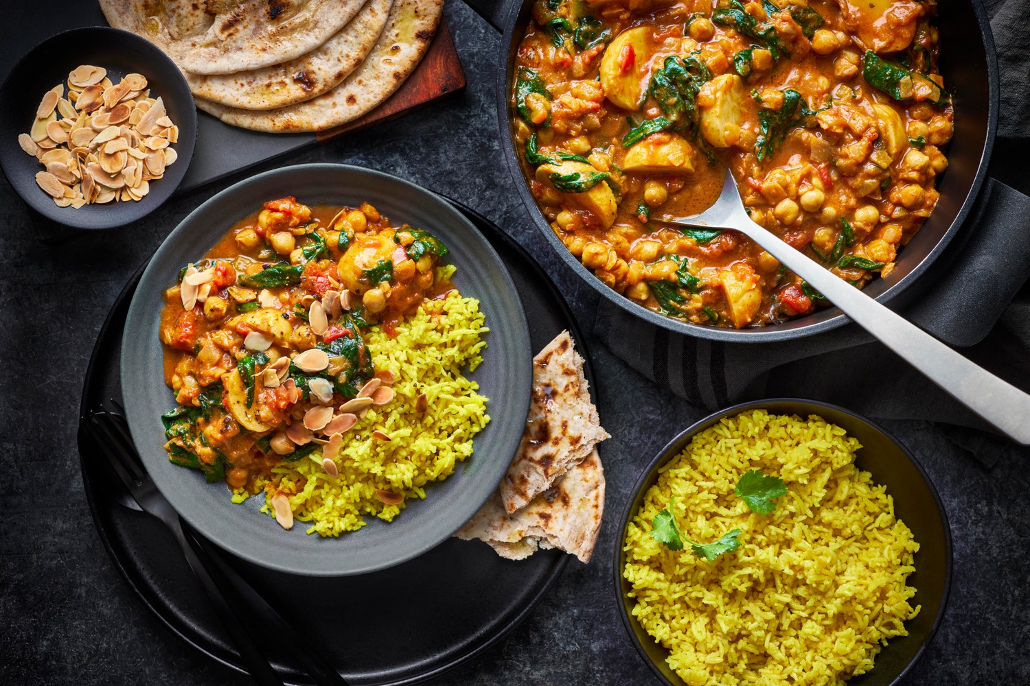Chickpea and spinach curry with cardamom rice