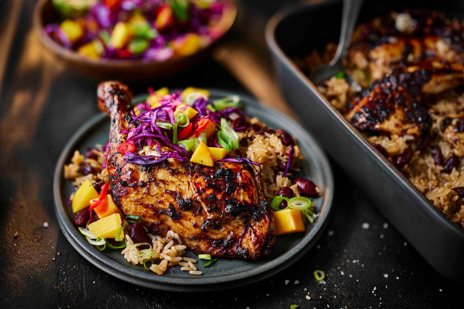 Caribbean-style chicken and rice traybake recipe