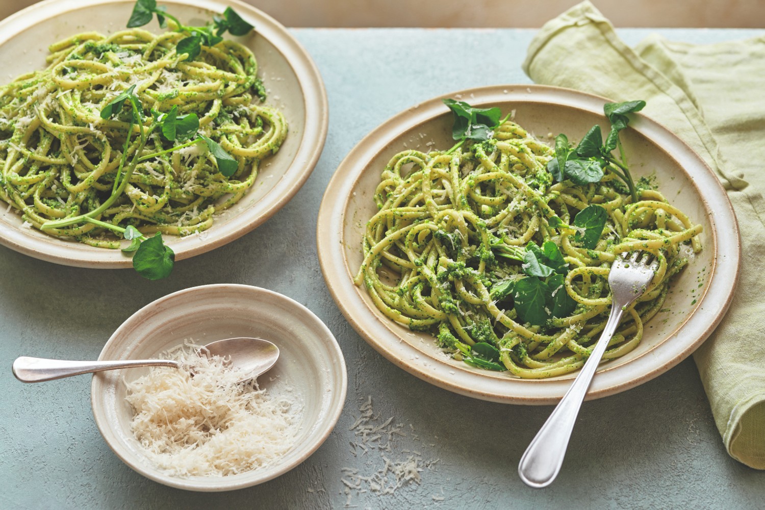 Linguine with watercress and almond pesto