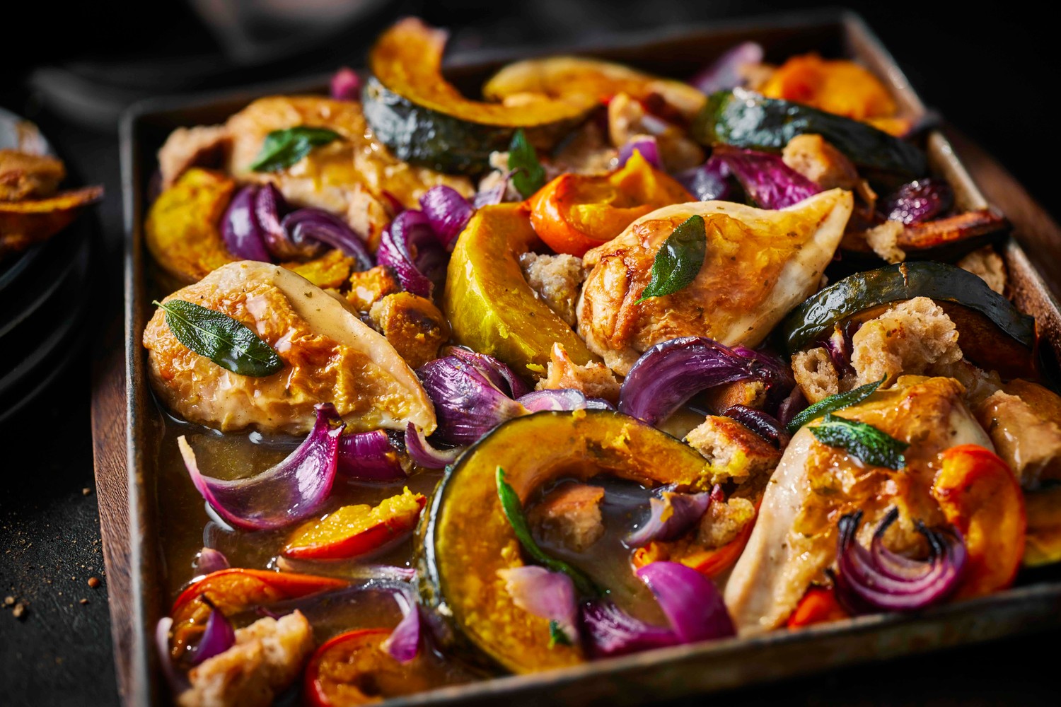 Roast chicken, squash, sage and onion traybake