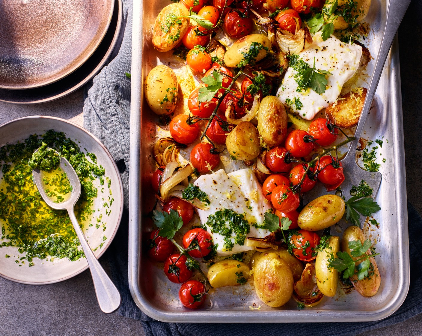 Cod New Potato And Roasted Tomato Traybake Recipes Mands Recipe Mands