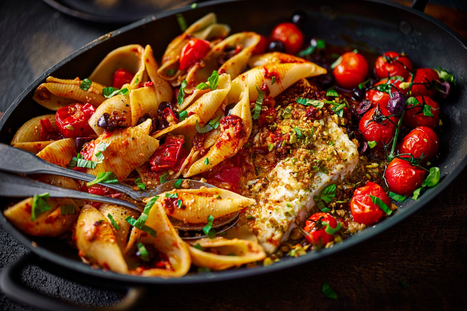 Harissa, pistachio and tomato-baked feta pasta