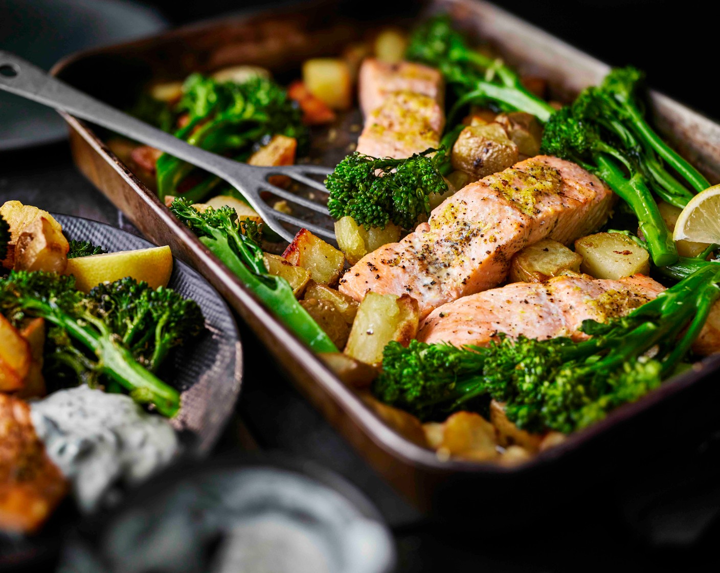 step 6 Serve the salmon, potatoes and Tenderstem with a generous spoonful of the herby yogurt.