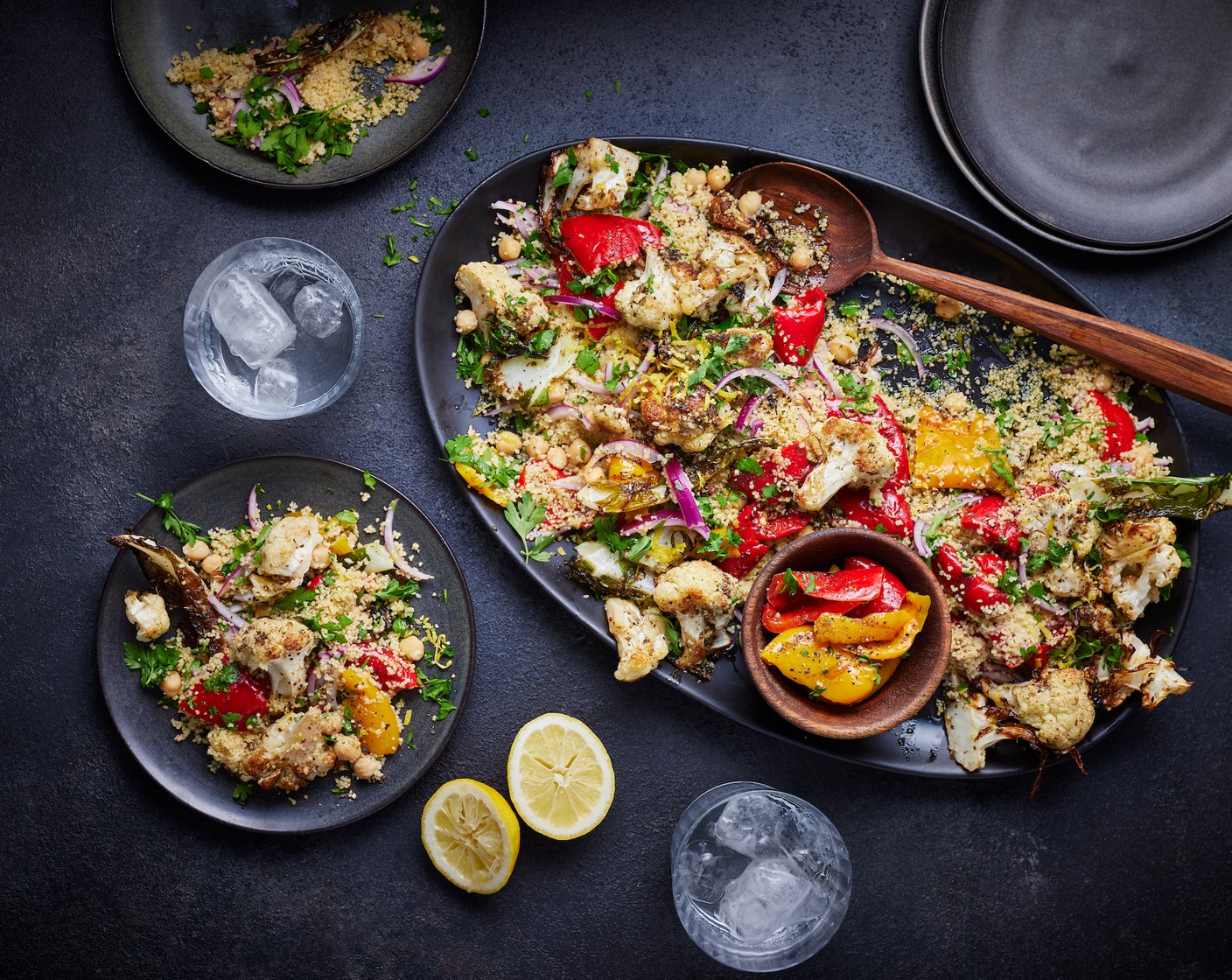step 9 Divide the couscous mix between serving dishes and top with the roasted cauliflower. Scatter with the remaining za’atar seasoning (2 tbsp) and drizzle with the yogurt (1 tbsp) and the tamarind and chilli ketchup (2 tbsp).