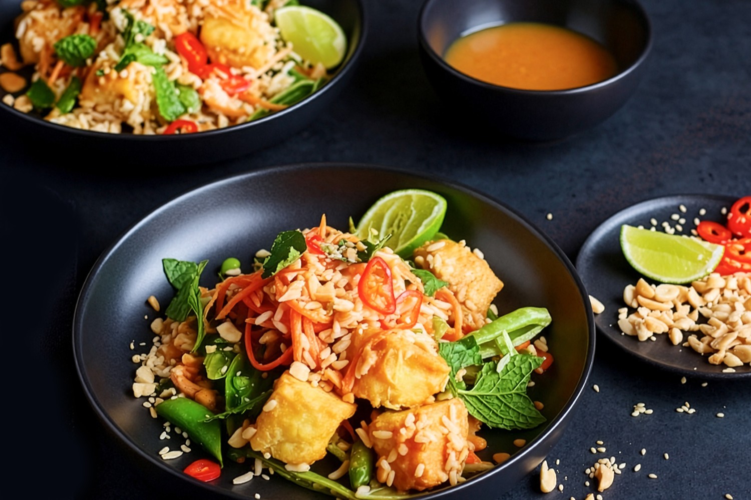 Crispy tofu and peanut rice bowls