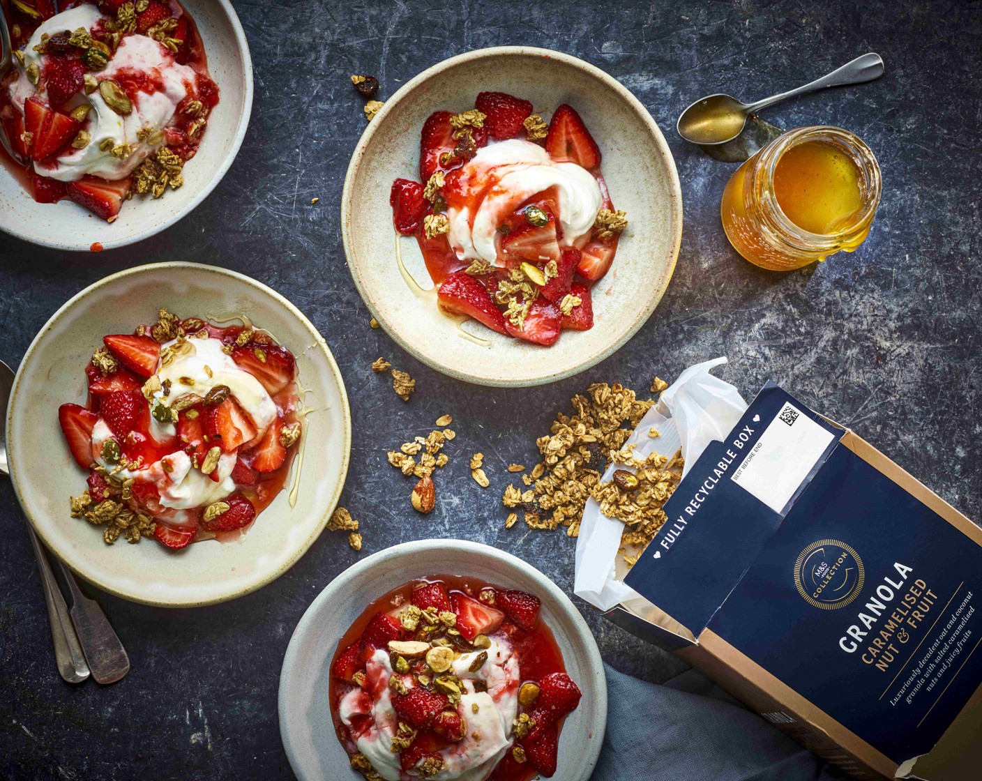 step 5 Add a spoonful each of macerated strawberries to the bases of 4 serving bowls, then divide the cream mixture between each. Spoon over the remaining macerated strawberries and sprinkle over the remaining granola to serve.