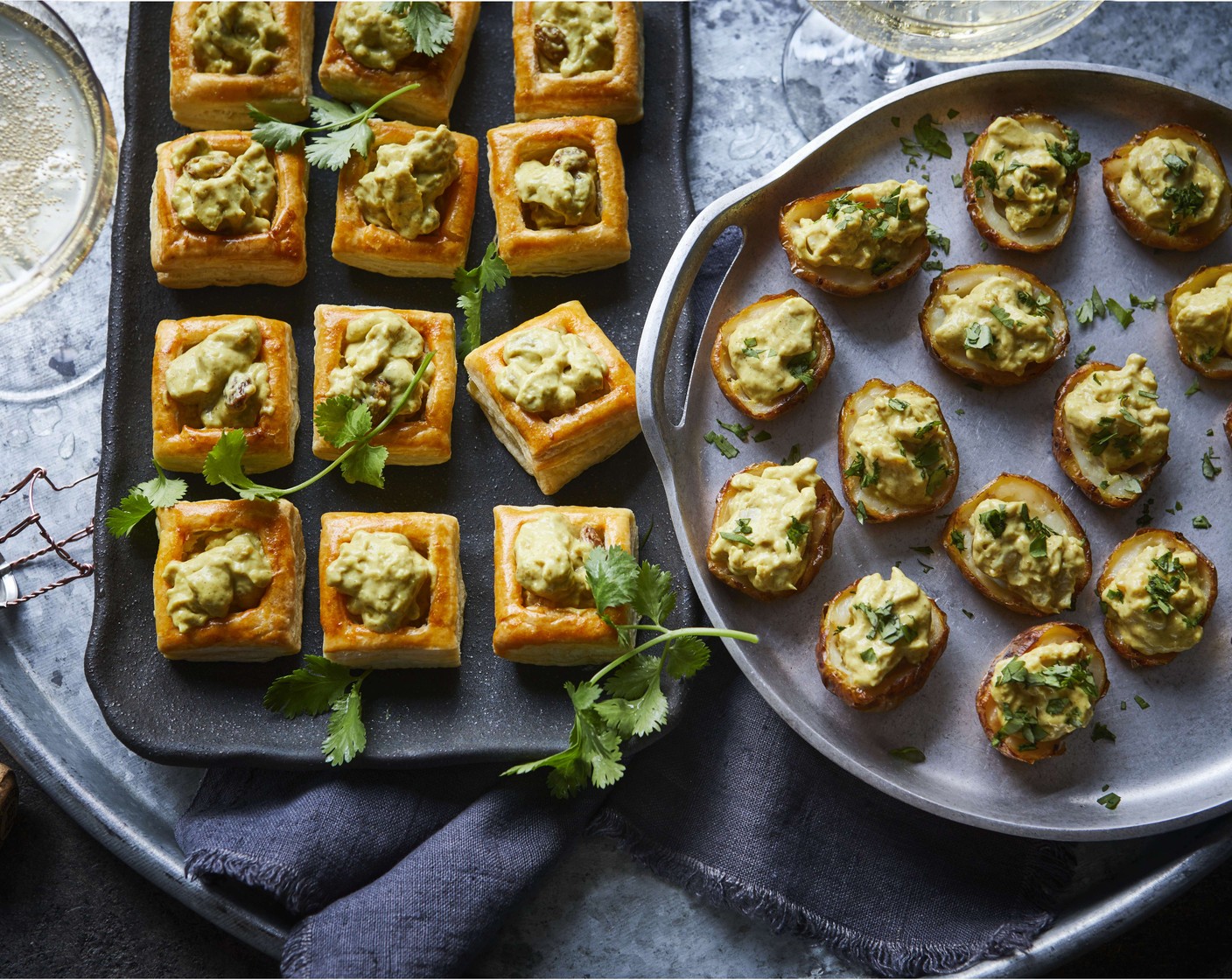 Coronation chicken vol-au-vents and loaded potato skins