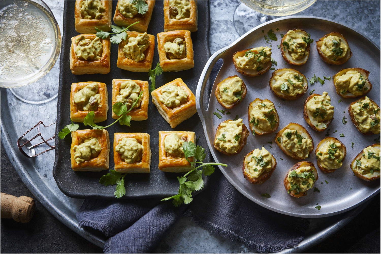Coronation chicken vol-au-vents and loaded potato skins