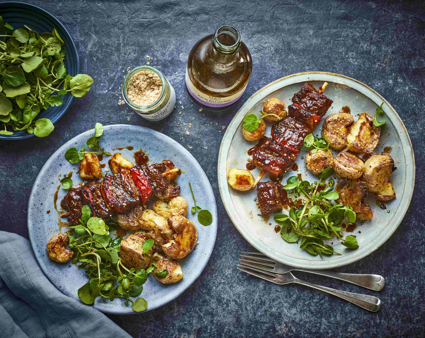 step 6 Toss the watercress (40 g) with the balsamic dressing (3 tbsp). Serve the kebabs, potatoes and watercress salad together.