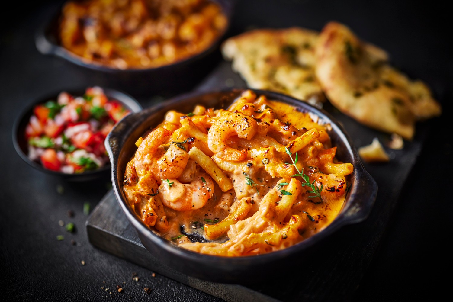 King prawn mac and cheese with garlic bread