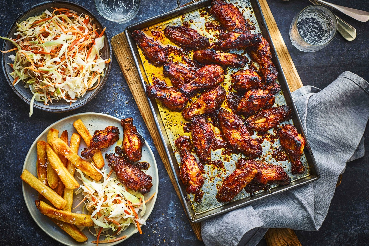 Smokin’ hot honey chicken wings with chips and crunchy slaw