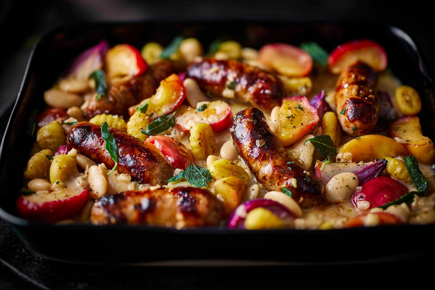 One-pot baked sausage and butter bean gnocchi recipe