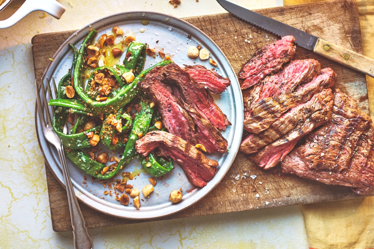 Seared steak and runner beans with a garlicky, nutty dressing