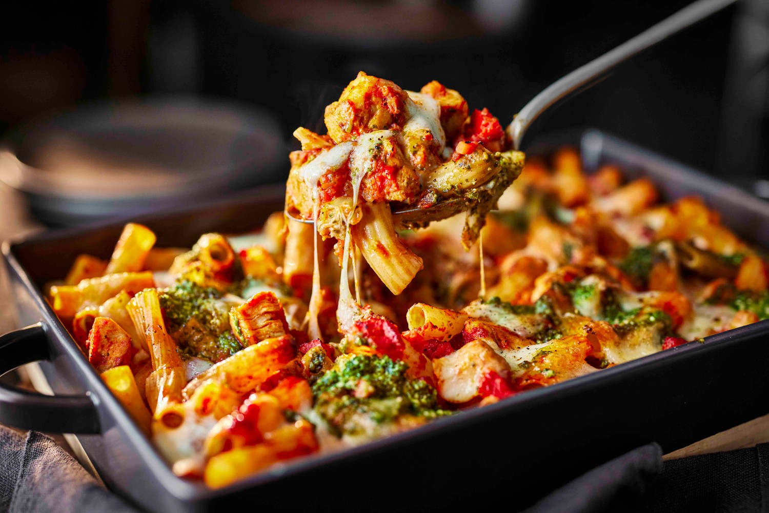Pesto, mozzarella chicken pasta bake recipe