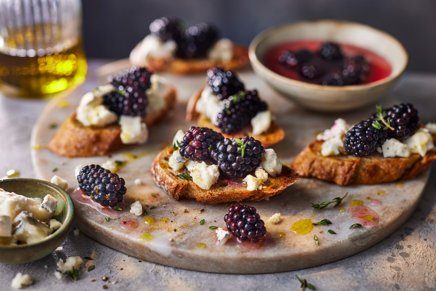 Pickled blackberry and goat's cheese sourdough crostini